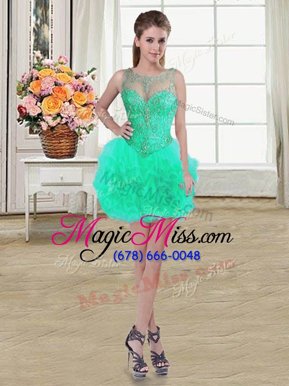 Trendy Turquoise Ball Gowns Scoop Sleeveless Tulle Mini Length Lace Up Beading and Ruffles Homecoming Dress