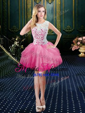 Colorful Watermelon Red Ball Gowns Scoop Sleeveless Tulle Mini Length Clasp Handle Lace Cocktail Dresses