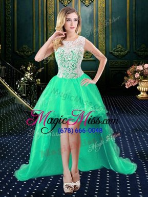 Scoop Sleeveless Zipper Prom Evening Gown Turquoise Organza and Lace
