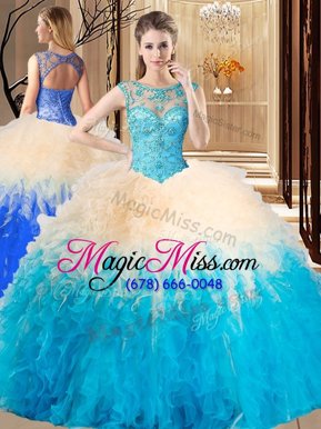 Luxurious High-neck Sleeveless Backless Quinceanera Gown Aqua Blue Tulle