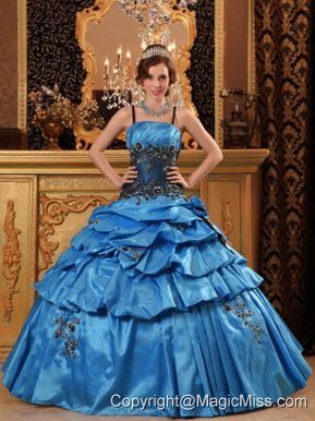 Blue Ball Gown Straps Floor-length Taffeta Appliques Quinceanera Dress