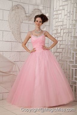 Pink Ball Gown Straps Floor-length Tulle Beading Quinceanea Dress