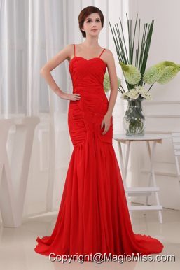 Mermaid Spaghetti Straps Chiffon Brush/Sweep Ruched Prom Dress Red