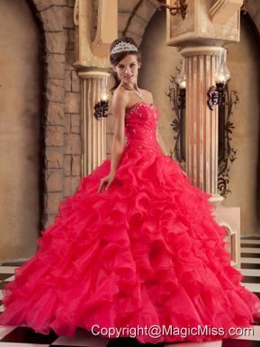 Red Ball Gown Sweetheart Floor-length Organza Ruffles Quinceanera Dress