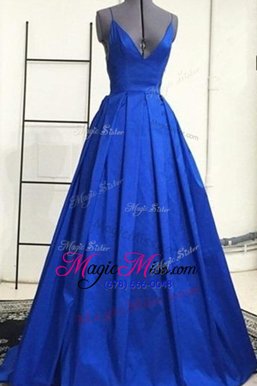 Sumptuous Royal Blue Satin Criss Cross Ball Gown Prom Dress Sleeveless Sweep Train Ruching