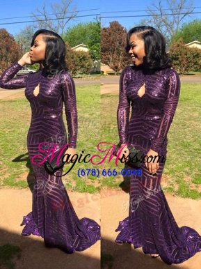 Spectacular Mermaid Eggplant Purple High-neck Zipper Sequins Mother Of The Bride Dress Sweep Train Long Sleeves