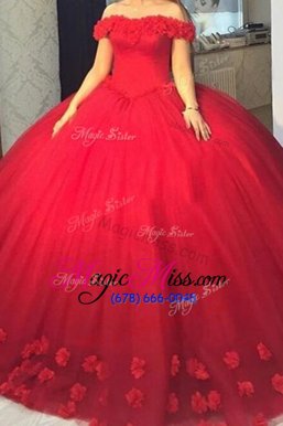 High Class Red Ball Gowns Off The Shoulder Short Sleeves Tulle Lace Up Hand Made Flower Pageant Dresses