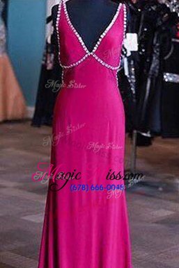 Elegant Fuchsia Satin Zipper V-neck Sleeveless Floor Length Prom Evening Gown Sashes|ribbons