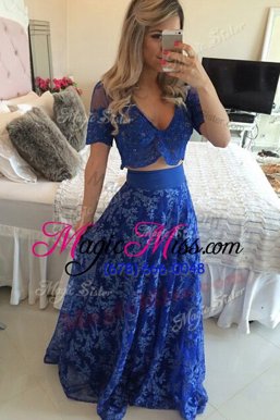 Dramatic Royal Blue Mother Of The Bride Dress Prom and Party and For with Lace and Appliques V-neck Short Sleeves Sweep Train Zipper