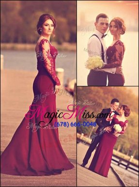 Superior Burgundy Sweetheart Zipper Lace and Appliques Mother Of The Bride Dress Court Train Long Sleeves