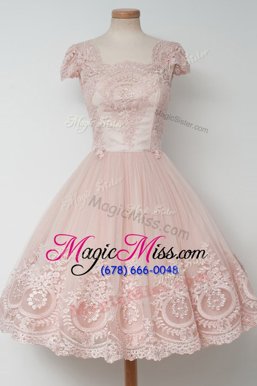 Cute A-line Prom Evening Gown Baby Pink Square Tulle Cap Sleeves Tea Length Zipper