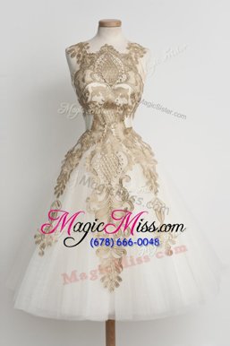 Adorable Knee Length Champagne Military Ball Gowns Tulle Sleeveless Lace