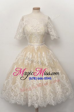 Champagne Cocktail Dresses Prom and Party and For with Lace and Belt Scalloped Half Sleeves Zipper