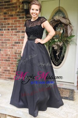 Deluxe Scoop Cap Sleeves Floor Length Beading Backless Celebrity Style Dress with Black