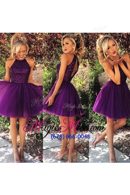 Smart Purple Sleeveless Beading and Ruching Knee Length Prom Evening Gown