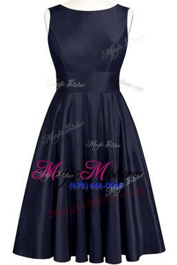 New Style Scoop Sleeveless Homecoming Dress Knee Length Bowknot Navy Blue Taffeta