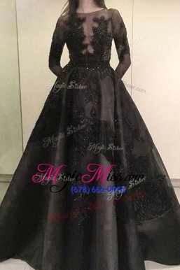 Colorful Black Zipper Bateau Beading and Appliques Military Ball Gown Satin Long Sleeves