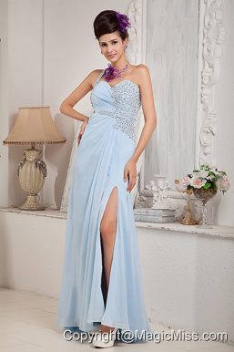 Light Blue Empire One Shoulder Floor-length Chiffon Beading Prom Dress