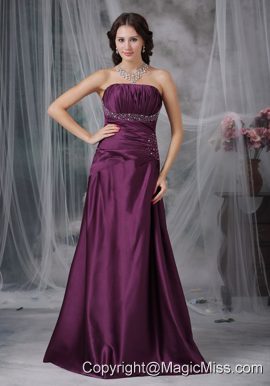 Dark Purple A-line Strapless Floor-length Taffeta Beading Prom Dress