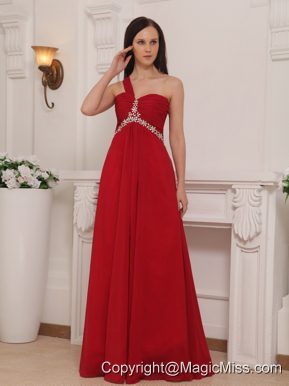 Red Empire One Shoulder Floor-length Chiffon Beading and Rush Prom Dress