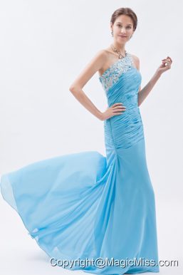 Baby Blue Mermaid One Shoulder Prom Dress Chiffon Beading Brush Train