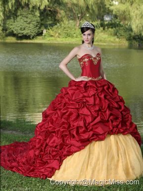 Appliques and Pick-ups Wine Red Brush Train Exquisite Style For 2013 Quinceanera Dress