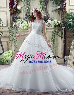 Cheap White Wedding Dress Wedding Party and For with Beading and Lace Scalloped Sleeveless Court Train Zipper