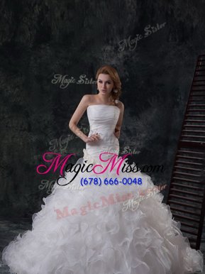 Amazing Organza Strapless Sleeveless Brush Train Lace Up Ruffles and Ruching Wedding Dress in White