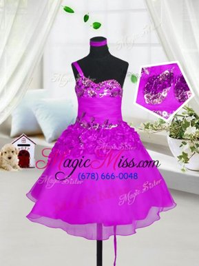 Modest Fuchsia A-line Sweetheart Sleeveless Organza Knee Length Lace Up Beading and Hand Made Flower Flower Girl Dress
