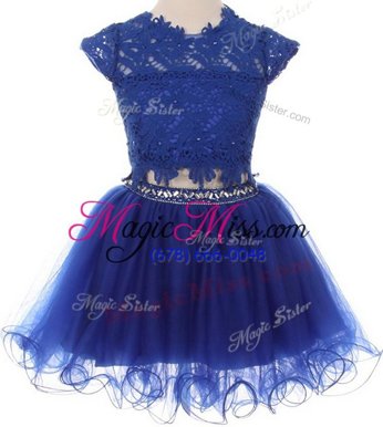 Fancy Scoop Navy Blue Cap Sleeves Mini Length Beading and Lace Zipper Flower Girl Dresses for Less