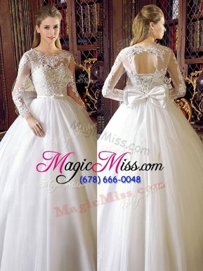 Customized Floor Length White Bridal Gown Scoop Long Sleeves Lace Up