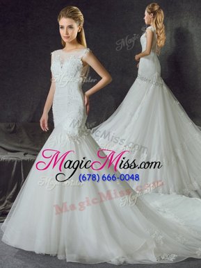 Unique Mermaid White Tulle Side Zipper Scoop Sleeveless With Train Wedding Dress Court Train Lace and Appliques