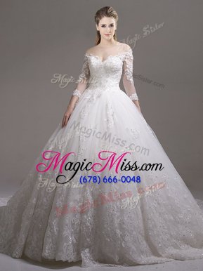 Fabulous Off the Shoulder White Zipper Wedding Gowns Lace and Appliques Half Sleeves Cathedral Train