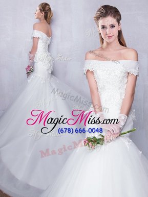 Ideal Mermaid White Tulle Lace Up Off The Shoulder Sleeveless With Train Bridal Gown Court Train Lace and Hand Made Flower