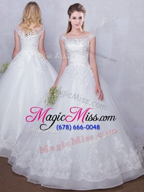 Superior White Tulle Lace Up Scoop Cap Sleeves Floor Length Bridal Gown Lace