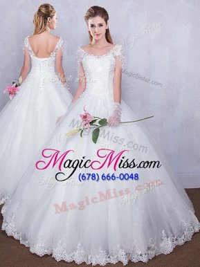 Charming Short Sleeves Tulle Floor Length Lace Up Bridal Gown in White for with Lace