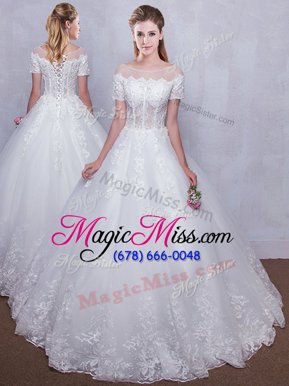 Low Price See Through White Wedding Gown Wedding Party and For with Lace Scoop Short Sleeves Lace Up