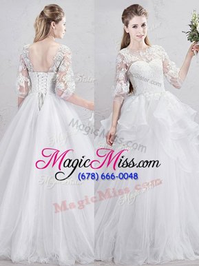 Simple White Ball Gowns Tulle Scoop Half Sleeves Lace and Ruffles With Train Lace Up Wedding Dress Brush Train