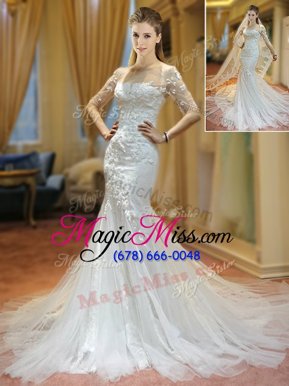 Excellent Scoop White Mermaid Appliques Wedding Dress Lace Up Tulle Half Sleeves With Train