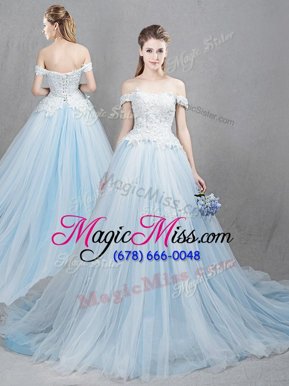 Fashion Off the Shoulder With Train Light Blue Wedding Gowns Tulle Chapel Train Sleeveless Appliques