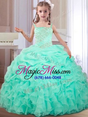 Glorious Straps Straps Sleeveless Floor Length Beading and Ruffles and Pick Ups Lace Up Child Pageant Dress with Apple Green