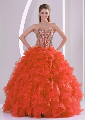 Ball Gown Sweetheart Ruffles and Beaded Decorate Red Quinceanera Gowns