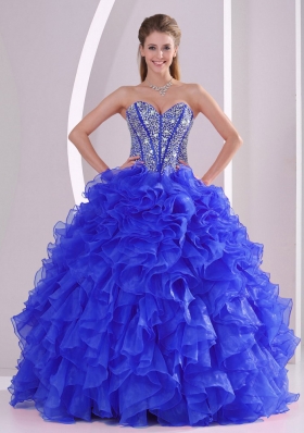 2014 Ball Gown Sweetheart Blue Quinceanera Gowns with Ruffles and Beading