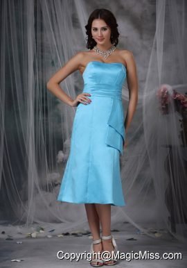 Aqua Blue Column Strapless Tea-length Taffeta Ruch Prom / Homecoming Dress