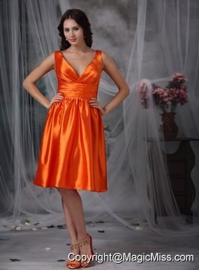 Orange Red Column V-neck Knee-length Taffeta Ruch Prom Dress