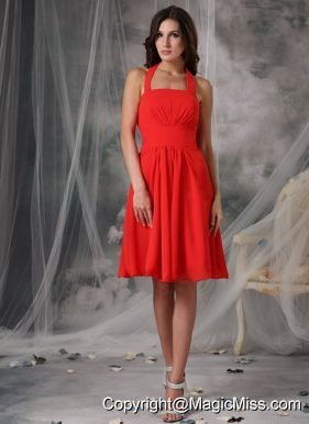 Red Empire Halter Knee-length Chiffon Ruched Prom Dress