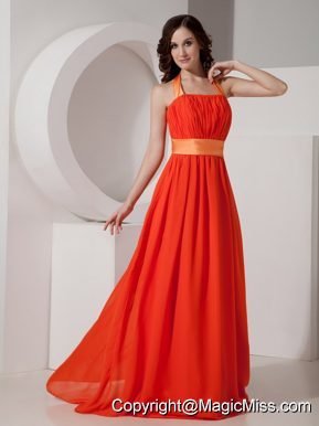 Coral Empire Halter Floor-length Chiffon Sashes/Ribbons Prom Dress