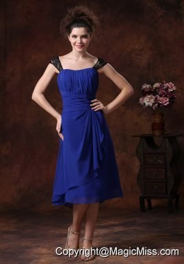 Chiffon Ruched Straps Navy Blue 2013 Tea-length Bridesmaid Dress