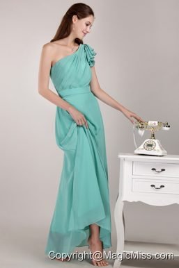 Turquoise Column / Sheath One Shoulder Floor-length Chiffon Ruch Bridesmaid Dress