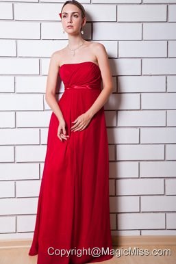 Wine Red Empire Strapless Floor-length Chiffon Ruch Prom Dress